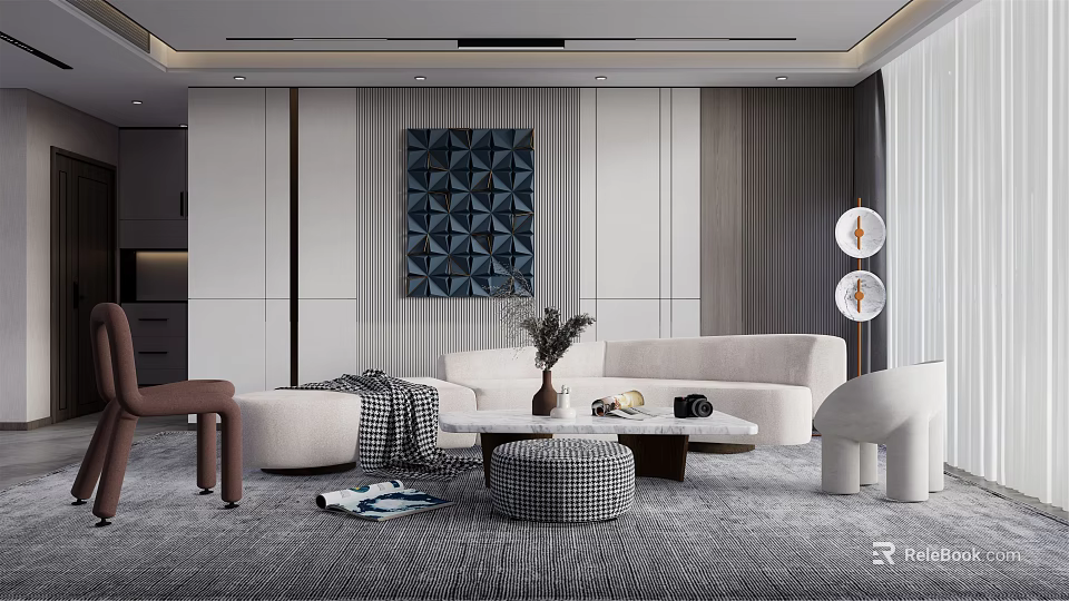 Modern Elegant Sofa Coffee Table Set In Living Room With Rug Ottoman And Wall Art 3d model 