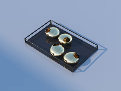Modern Minimalist Household Items Black Tray With Four Golden Round Containers 3d model