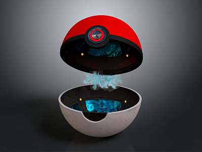 Open Red And White Poké Ball With Blue Light Containing Pokémon Characters 3d model