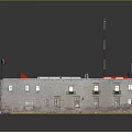 Traditional Stone Building With Red Roof Square Structure Multiple Windows And Doorways