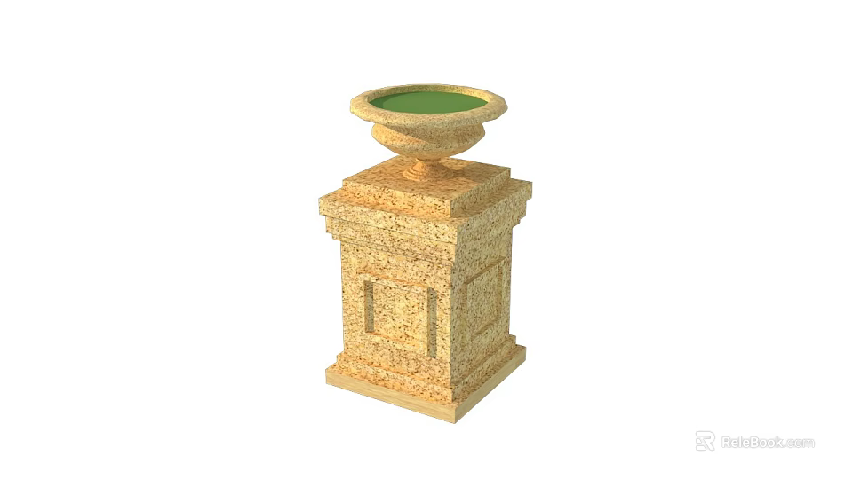 Public Facility Outdoor Stone Ornamental Structure With Square Base And Circular Green Basin 3d model