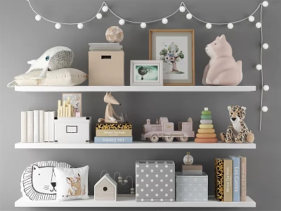 Stuffed Animal Dolls Display On Nursery Shelves With Books And String Lights 3d model