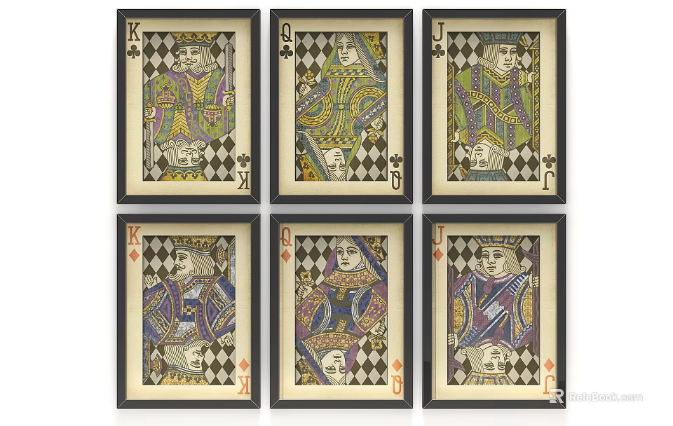 Set Of Six Framed Playing Card Wall Art With King Queen Designs 3d model 