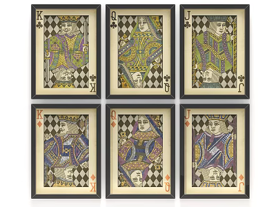 Set Of Six Framed Playing Card Wall Art With King Queen Designs 3d model