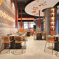 Modern Restaurant Interior With Orange Decor Neon Patterns Dining Tables And Ambient Lighting 3d model