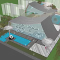 Modern Sales Office Building Featuring Sloped Roof Glass Curtain Wall Swimming Pool And Outdoor Greenery