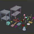 Blue Metal Kitchen Worktables With Various Cooking Utensils Plates Bowls And Tools