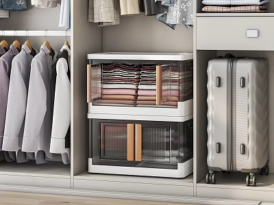 Transparent Storage Boxes and Wheeled Luggage in Closet with Folded Clothes and Hanging Garments 3d model