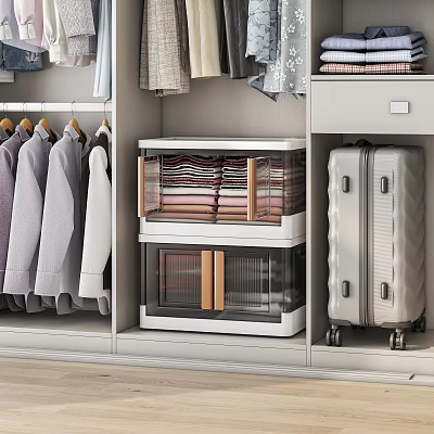 Transparent Storage Boxes and Wheeled Luggage in Closet with Folded Clothes and Hanging Garments 3d model