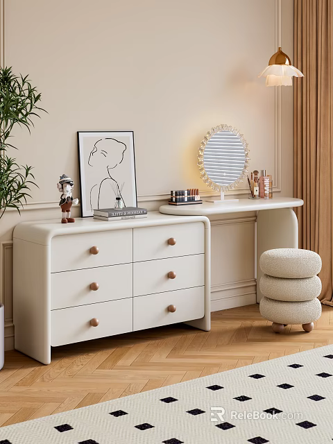 Modern White Dressing Table With Wooden Knobs Round Mirror Cosmetics Decorative Artwork And Plush Stool 3d model 