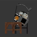 Outdoor Barbecue Grill With Metal Frame And Wooden Table Topped With White Plate