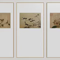 Set of Three Framed Botanical Paintings With Birds And Flowers On Light Background