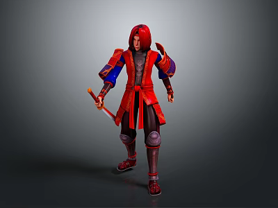 Woman in red and blue armor holding weapon in full body pose against gray background 3d model