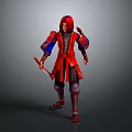 Woman in red and blue armor holding weapon in full body pose against gray background