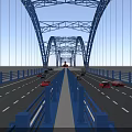 Blue Arch Bridge with Steel Structure and Vehicles Over Water Surface Supported by Piers