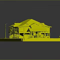Traditional Style Building Model With Turquoise Exterior Dark Tile Roofs And Wooden Verandas