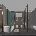 Hotel Guest Room Modern Bathroom With White Bathtub Glass Partition And Green Wall