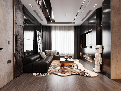 Modern Living Dining Room Interior Design With Black Sofa Wooden Flooring And Decorations 3d model