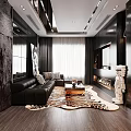 Modern Living Dining Room Interior Design With Black Sofa Wooden Flooring And Decorations