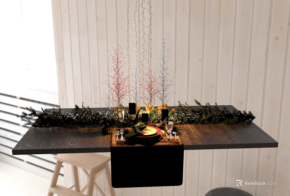 Elegant Dining Table with Hanging Decor Red Silver Trees Black Candles Fruit Plate Green Foliage 3d model 