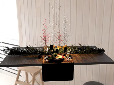 Elegant Dining Table with Hanging Decor Red Silver Trees Black Candles Fruit Plate Green Foliage 3d model