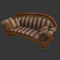 People Sitting On Vintage Wooden Curved Sofa With Red White Striped Cushions