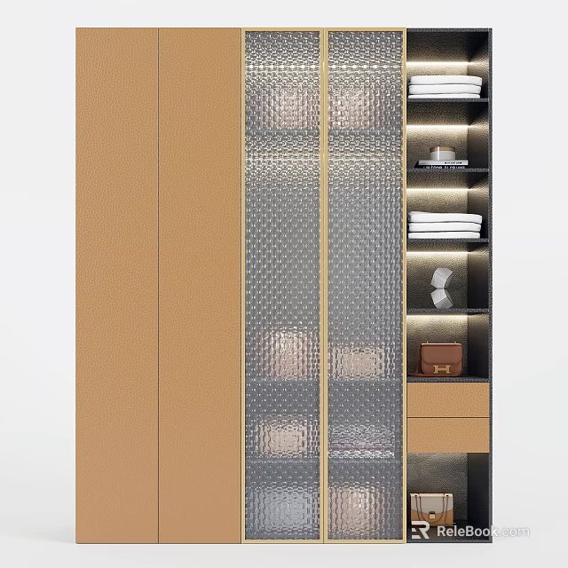 Modern Wardrobe Design With Wooden Panels Mesh Glass Doors Gold Accents And Open Shelves 3d model 