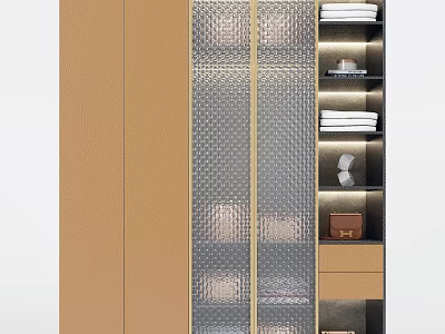 Modern Wardrobe Design With Wooden Panels Mesh Glass Doors Gold Accents And Open Shelves 3d model