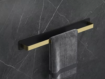 Modern Black and Gold Bathroom Towel Rack with Gray Towel on Marble Wall 3d model