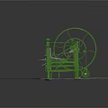Green Mechanical Equipment with Large Circular Wheel and Metal Frame on Gray Platform