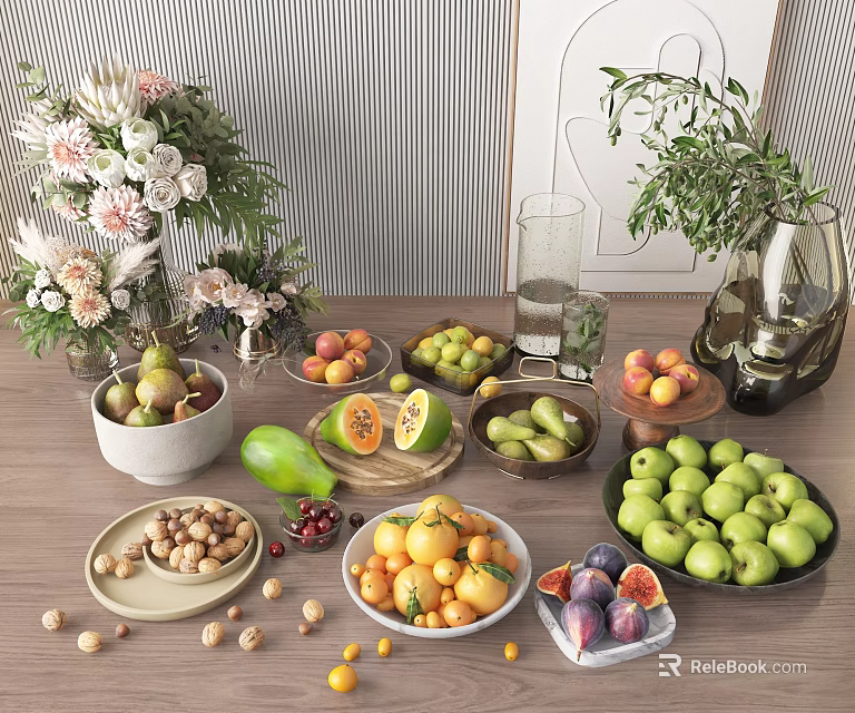 Assorted Fresh Fruits Display On Wooden Table With Papaya Pomegranate Oranges Apples Figs And Nuts 3d model 