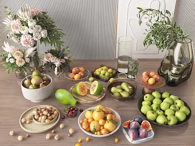Assorted Fresh Fruits Display On Wooden Table With Papaya Pomegranate Oranges Apples Figs And Nuts 3d model
