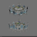 Elegant Round Dining Table Set With Light Blue Carved Chairs And Tableware Decoration 3d model
