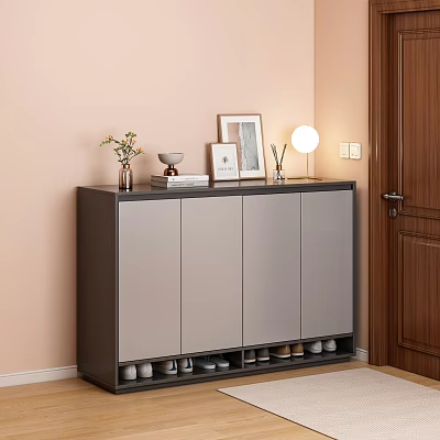 Modern Light Gray Shoe Cabinet With Decorative Vase Framed Photos And Shoes 3d model