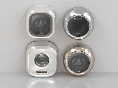 Four Modern Silver And Gold Washing Machines With Square And Round Designs 3d model