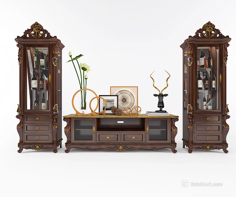 Classic Wooden TV Stand With Glass Display Cabinets And Decorative Vase Framed Photos Clock 3d model 