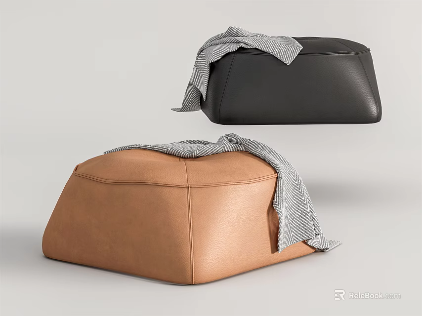 Stylish Leather Ottomans Black Brown with Gray Blanket Modern Home Decor Accent 3d model 