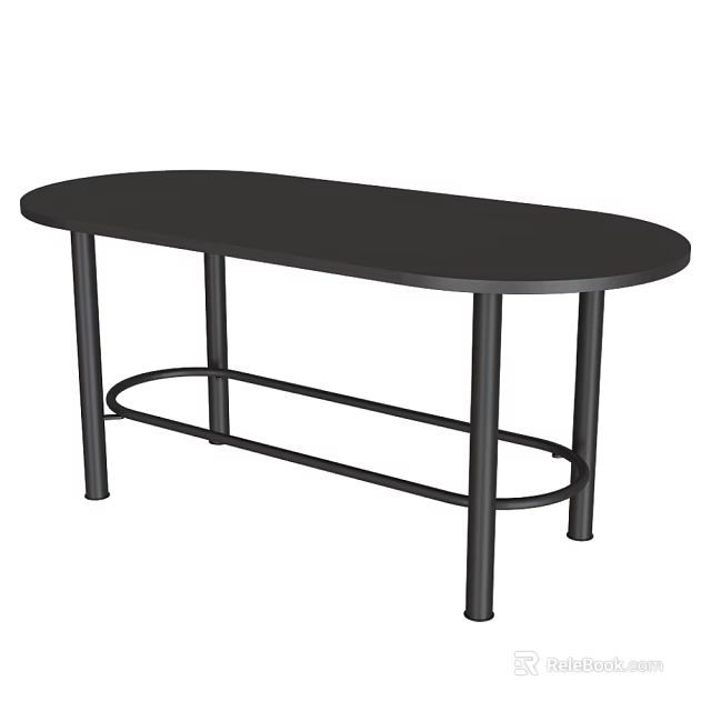 Black Oval Dining Table With Metal Legs And Lower Crossbar Structure 3d model