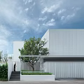 Modern Detached Villa With Glass Facade Greenery Entrance Steps And Evening Sky