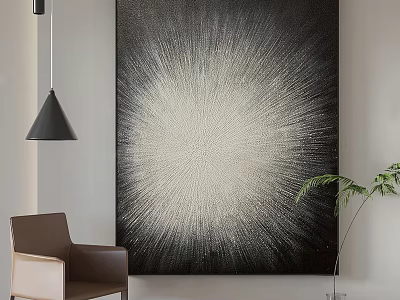 Large Black And White Radial Artwork With Brown Chair Black Pendant Lamp And Green Plant 3d model