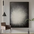 Large Black And White Radial Artwork With Brown Chair Black Pendant Lamp And Green Plant