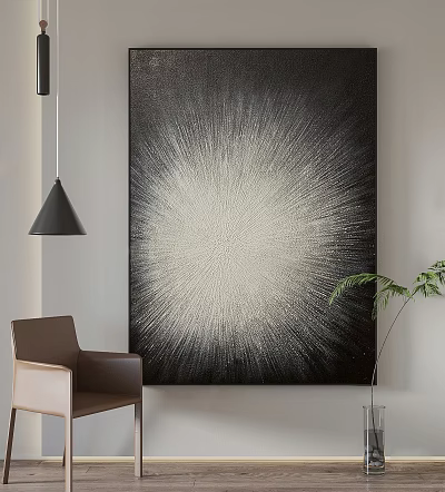Large Black And White Radial Artwork With Brown Chair Black Pendant Lamp And Green Plant 3d model