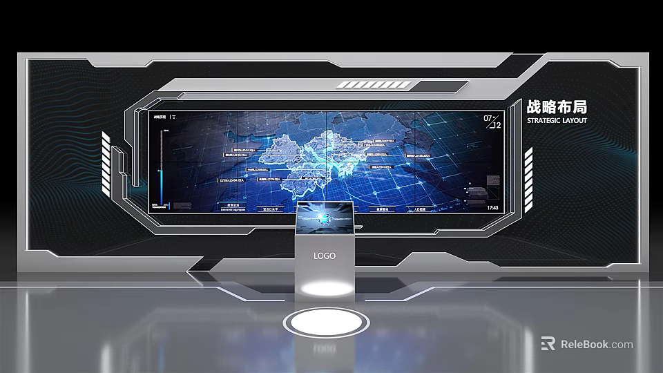 Modern Technological Public Facility With Large Display Screen World Map And Control Console 3d model 
