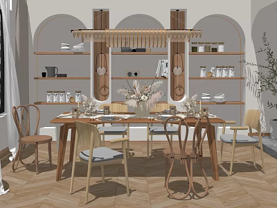 Modern Dining Table Set With Mixed Chairs Arched Shelves And Decorative Glassware 3d model