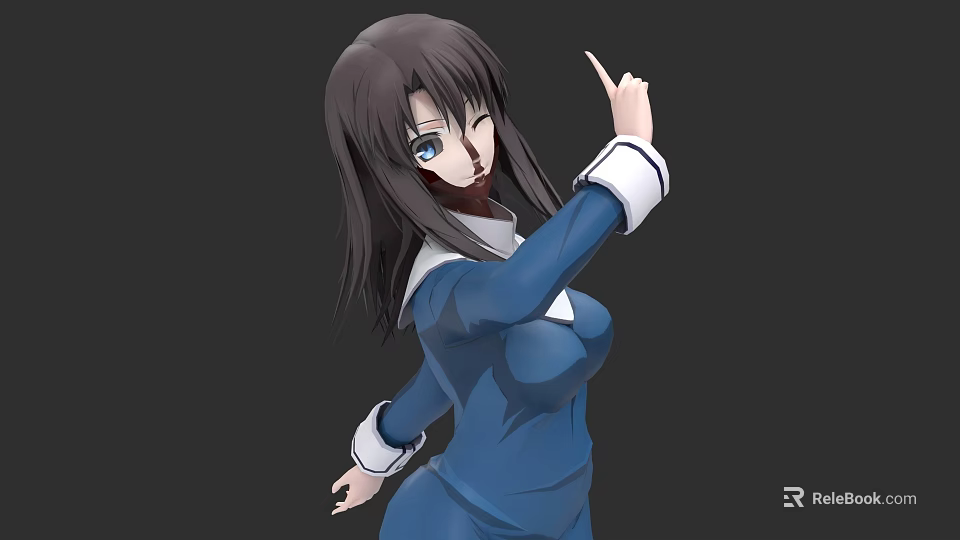 Game and Movie Character with Long Brown Hair Blue Eyes in Blue Dress Pointing Gesture 3d model 