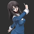 Game and Movie Character with Long Brown Hair Blue Eyes in Blue Dress Pointing Gesture