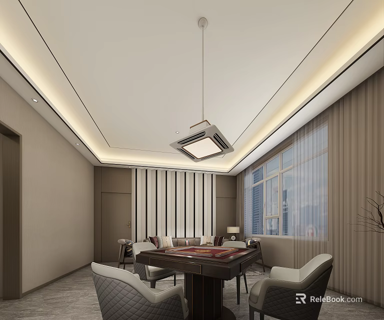 Elegant Hotel Guest Room Interior With Sofa Table Pendant Light And Large Window 3d model