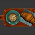 Creamy Latte Coffee With Latte Art In Blue Cup And Croissant On Red Cutting Board