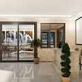 Modern Interior With Glass Sliding Doors Marble Floor Reception Counter And Potted Plant