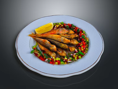 Fried Small Fish Served with Lemon Wedge and Colorful Vegetable Salad on White Plate 3d model